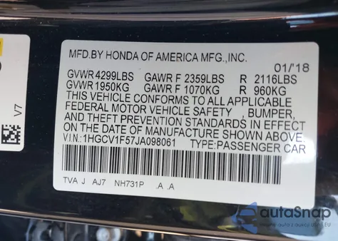 2018 Honda Accord Ex-L from USA, damaged, VIN 1HGCV1F57JA098061